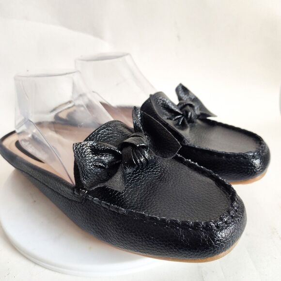 New Masseys Mules 10 Wide Faux Leather Black Square Toe Vegan Flats Slip On Bow - Picture 1 of 10